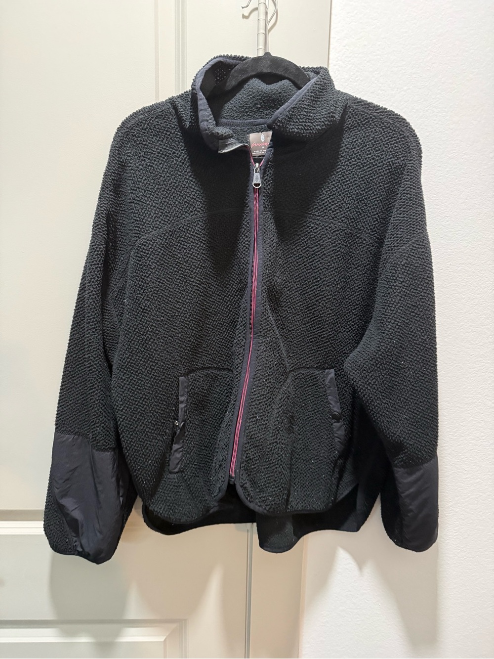 FP Movement by Free People Black Sherpa Jacket with Pink Zip
